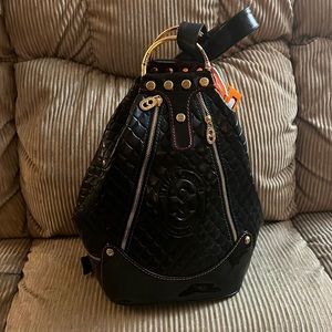 NWT Marino Orlandi Black leather Backpack/Crossbody/Satchel with MO design.